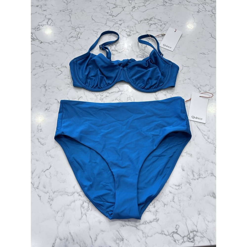 NWT Quince Lagoon Teal Blue Demi Bikini Top & High Rise Bottoms Set Size Large
